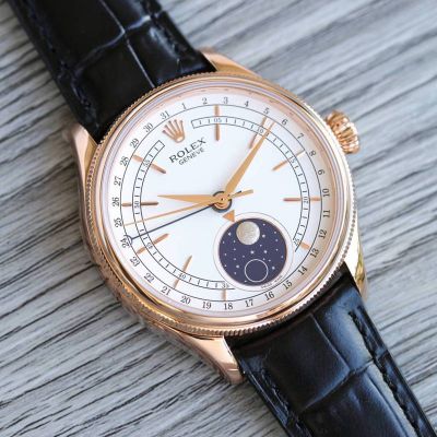 Rolex Geneve Cellini Fake 50535 Moon Phase 39*11.8mm Rose Gold Bezel Mens Watch